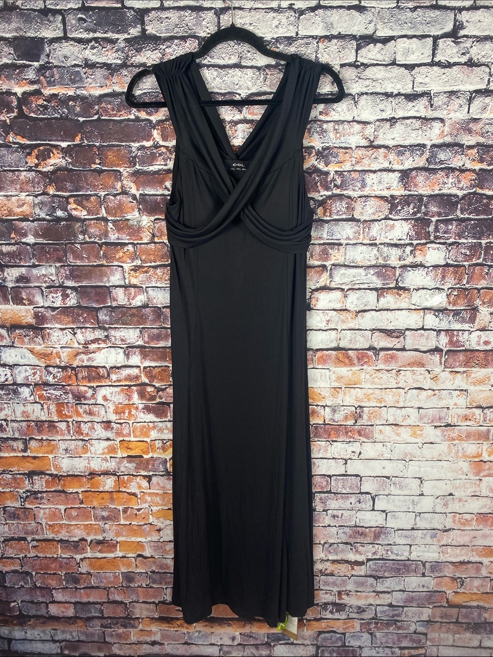 OGL Move Black Draped Built in Bra  V-Neck Fitted Classic Maxi Dress Sz L - Picture 3 of 12